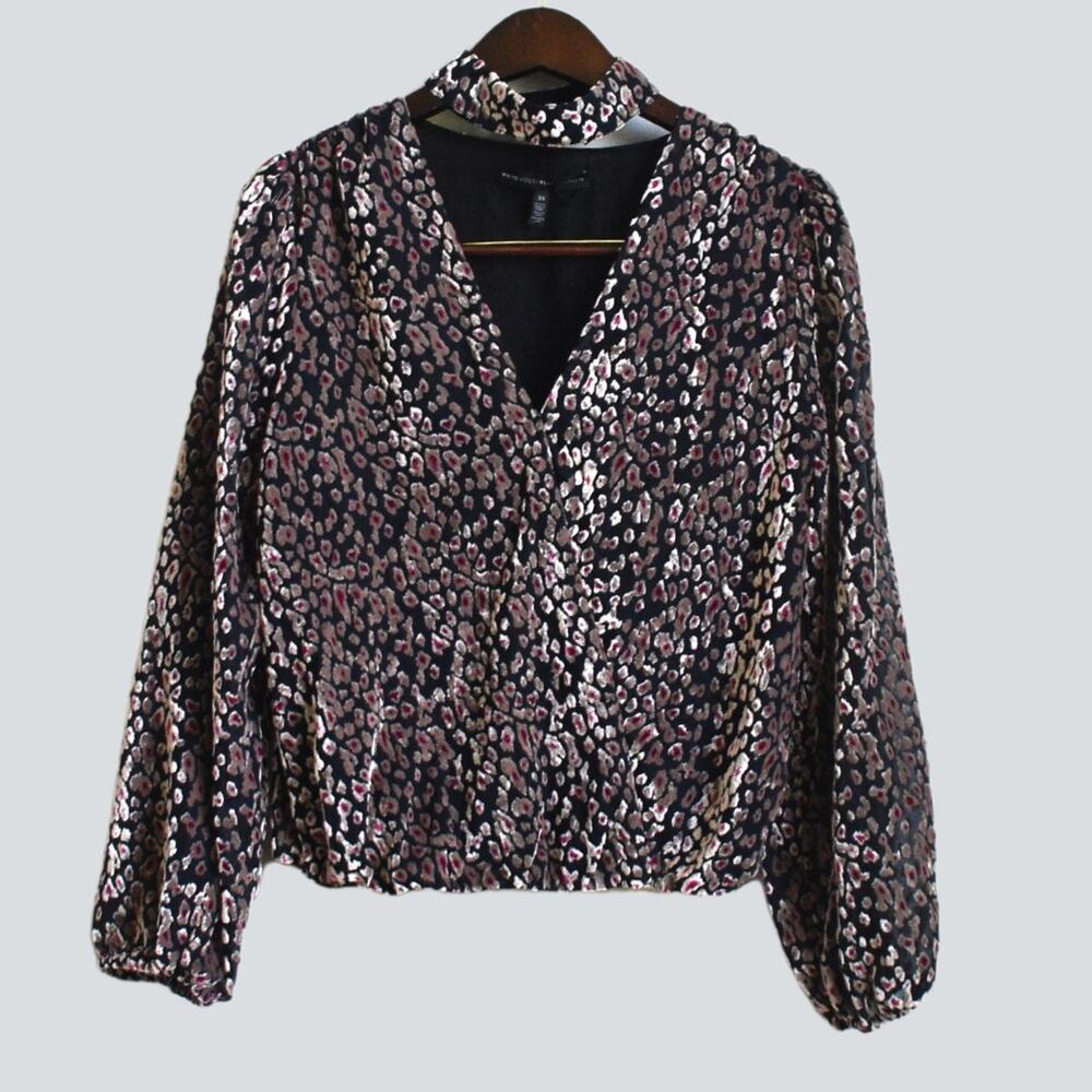 White House Black Market Velvet Blouse Choker Neck Black Metallic XS